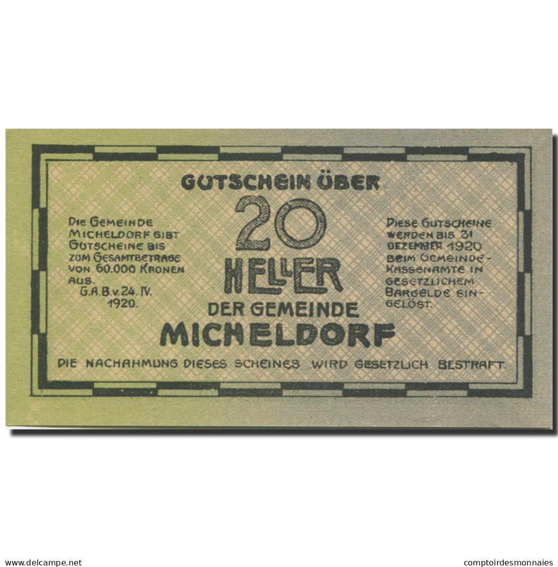 Billet, Autriche, Micheldorf, 20 Heller, Maison, 1920-12-31, SPL, Mehl:FS 612e - Autriche