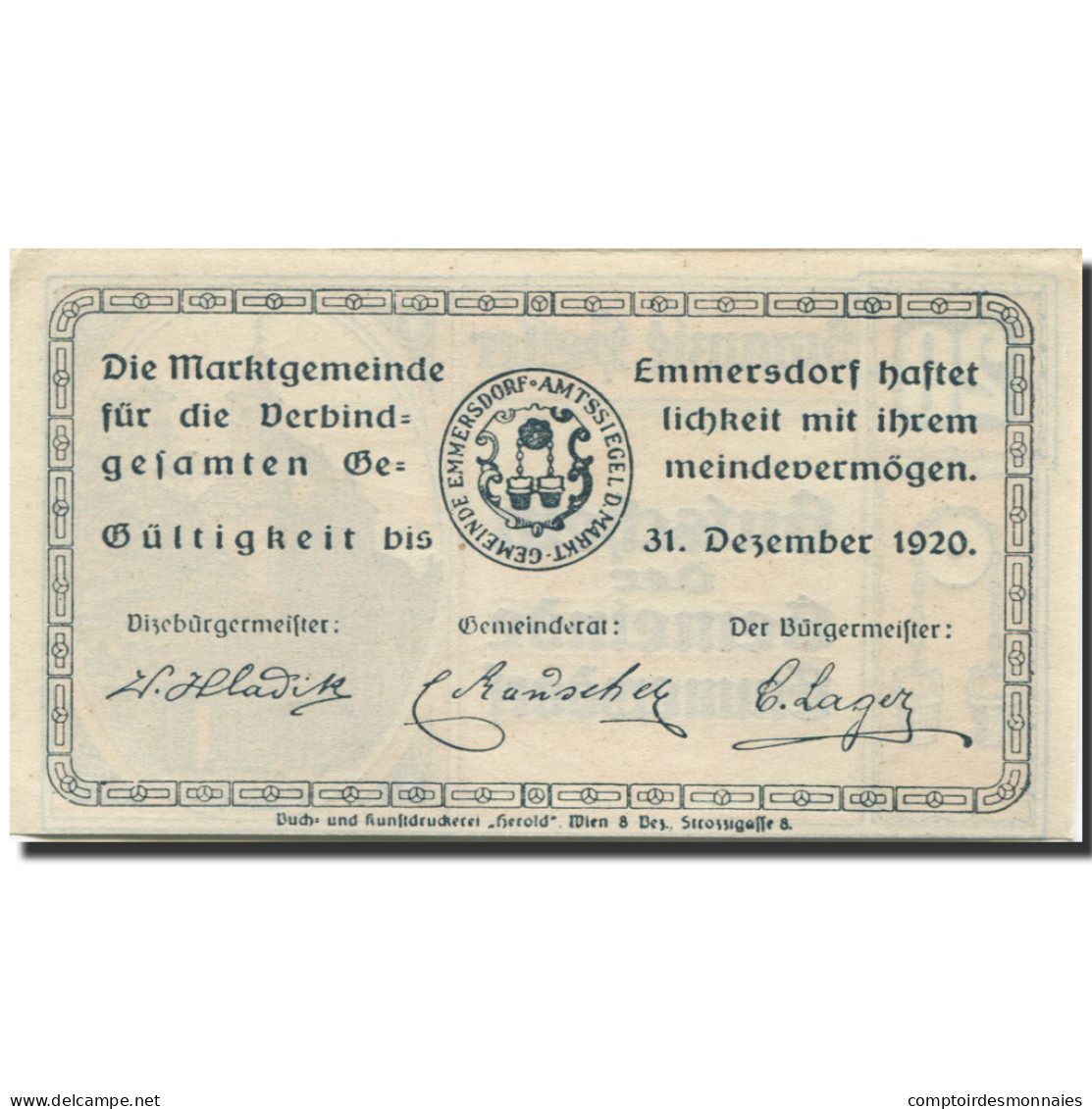 Billet, Autriche, Emmersdorf, 20 Heller, Eglise 1920-12-31, SPL, Mehl:FS 171a - Autriche