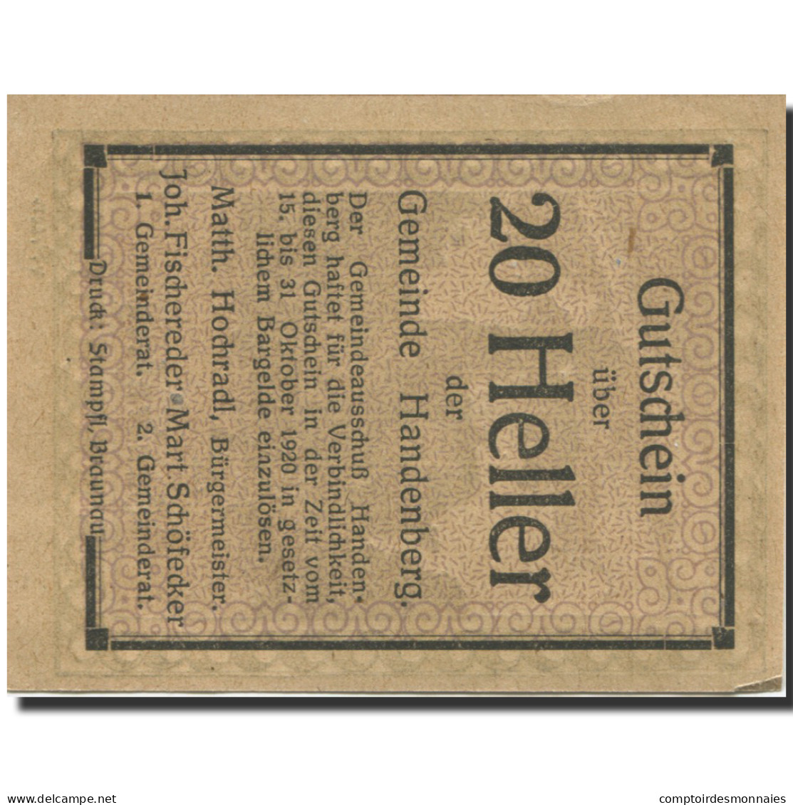 Billet, Autriche, Handenberg, 20 Heller, Eglise 1920-10-31, SPL, Mehl:FS 347a - Autriche