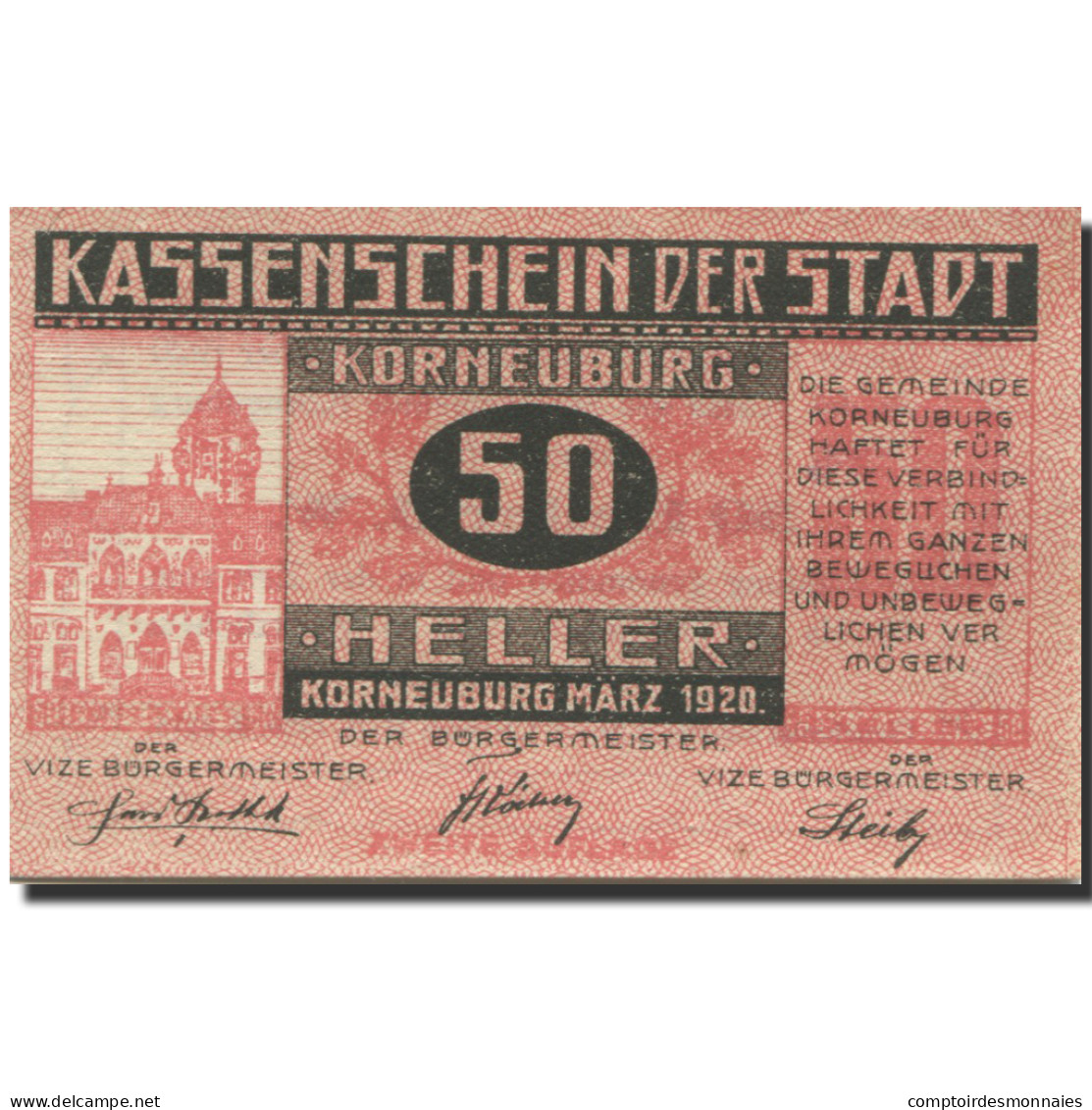 Billet, Autriche, Korneuburg, 50 Heller, Eglise 1920-12-31, SPL Mehl:FS 466b - Autriche