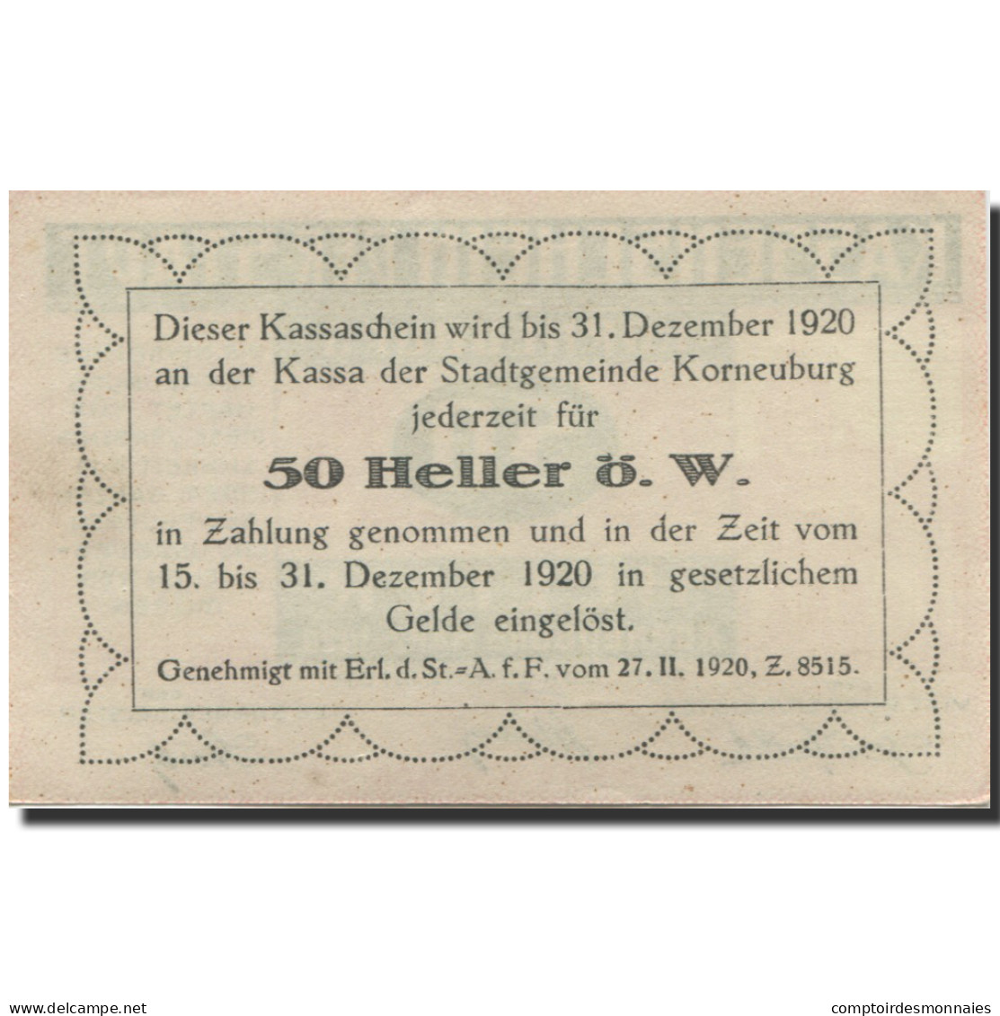 Billet, Autriche, Korneuburg, 50 Heller, Eglise 1920-12-31, SPL Mehl:FS 466b - Autriche