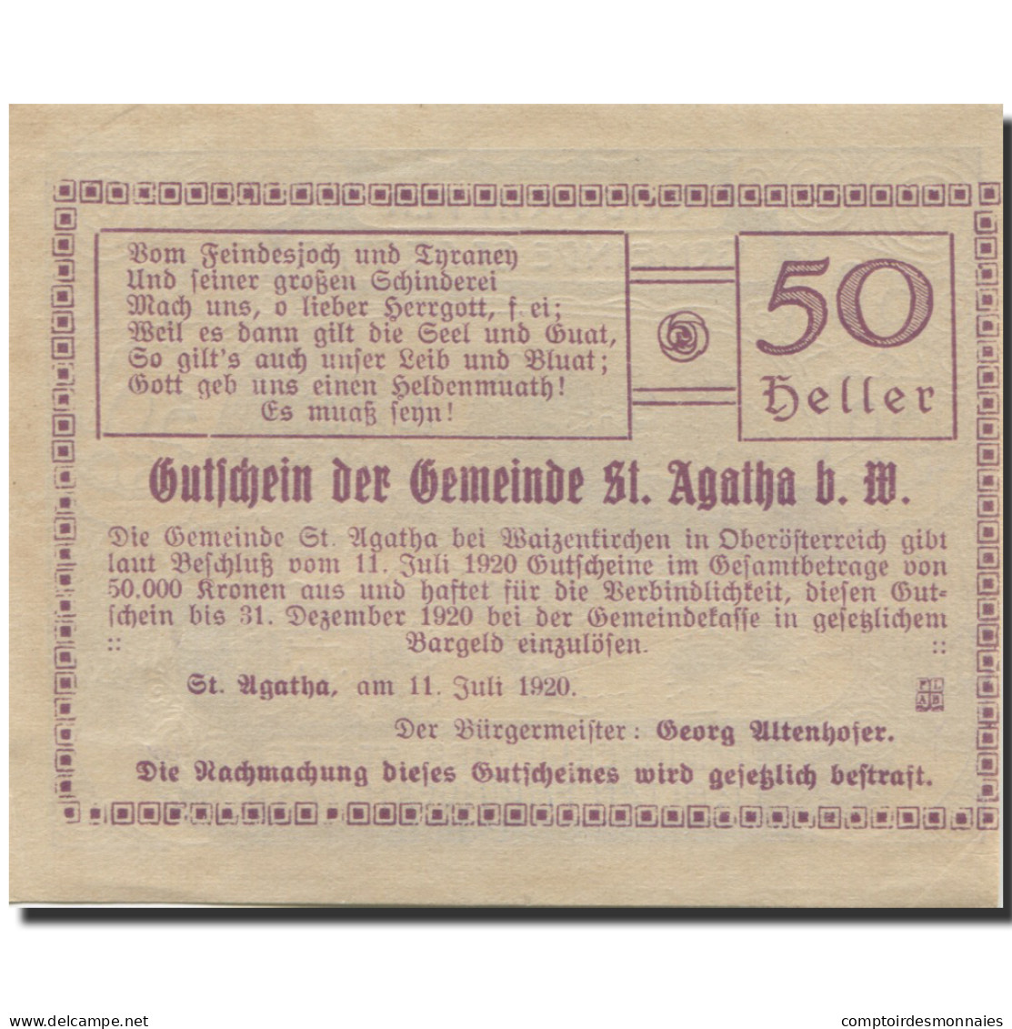 Billet, Autriche, St Agatha, 50 Heller, Lac, 1920, SPL, Mehl:FS 877IId - Autriche