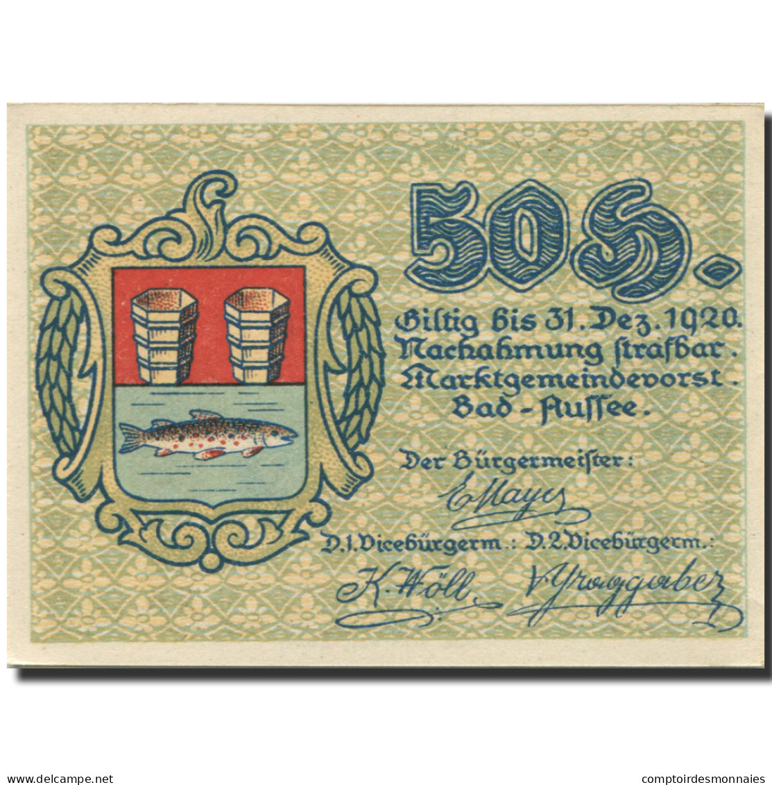 Billet, Autriche, Bad Aussee, 50 Heller, Paysage 1920-12-31, SPL, Mehl:FS 73 - Autriche