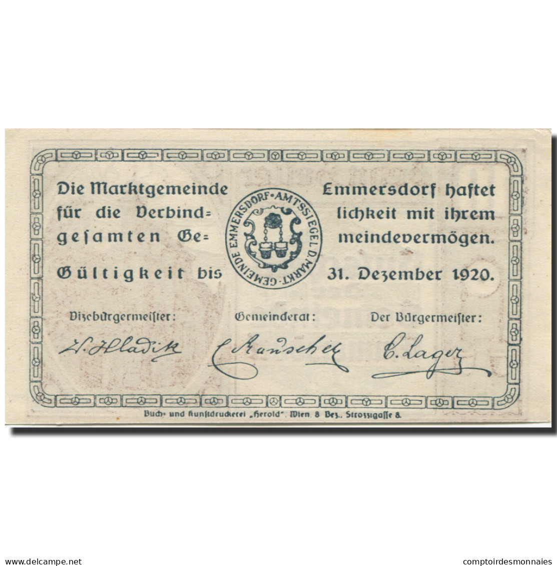 Billet, Autriche, Emmersdorf, 10 Heller, Eglise 1, 1920 SPL Mehl:FS 171a - Autriche