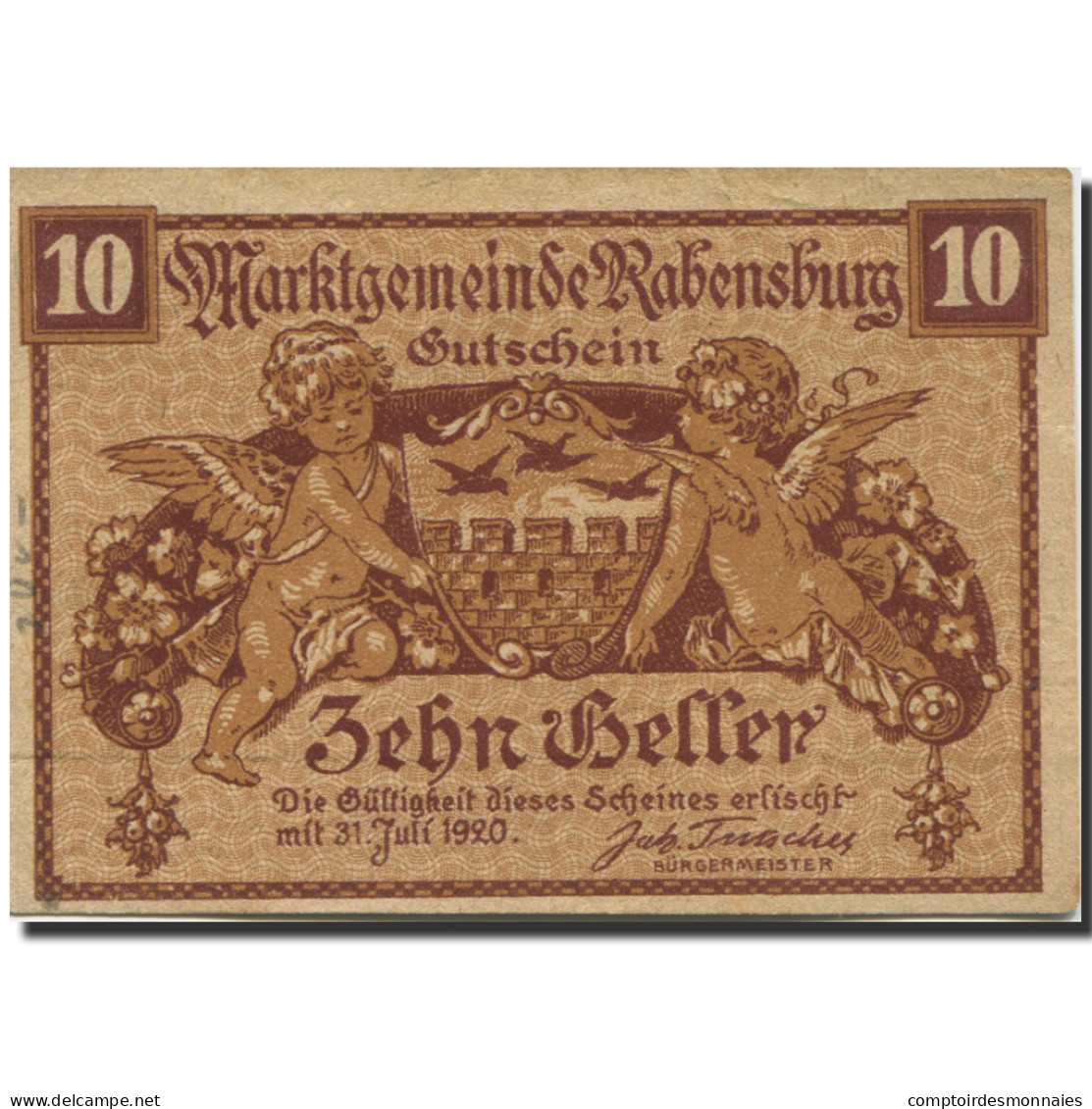 Billet, Autriche, Rabensburg, 10 Heller, Blason 1920-07-31, SUP, Mehl:FS 807a - Autriche