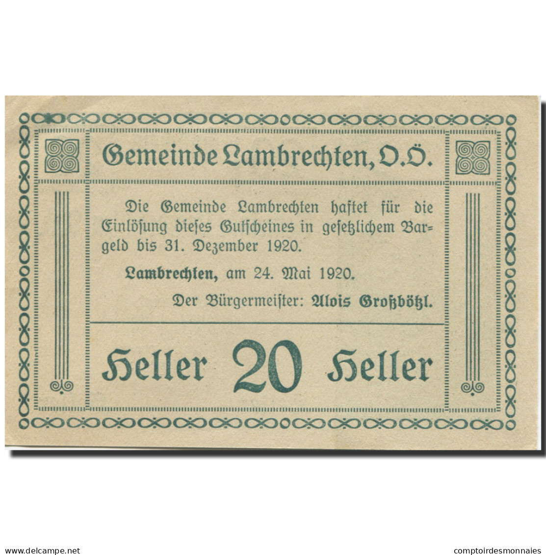 Billet, Autriche, Lambrechten, 20 Heller, Eglise 1920-12-31, SPL Mehl:FS 497b - Autriche