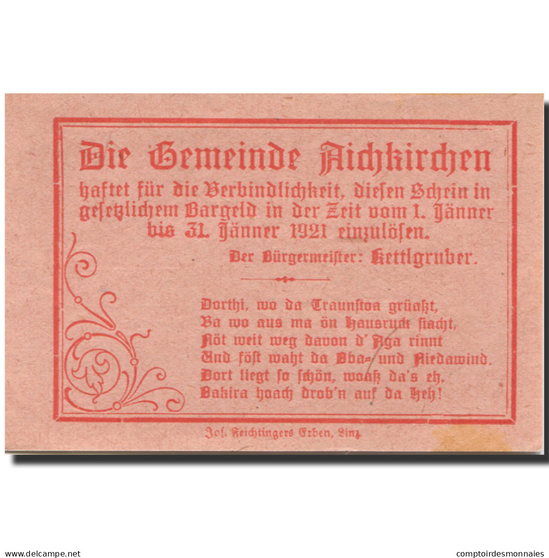 Billet, Autriche, Aichkirchen, 10 Heller, Eglise 1921-01-31, SPL, Mehl:FS 11a - Autriche