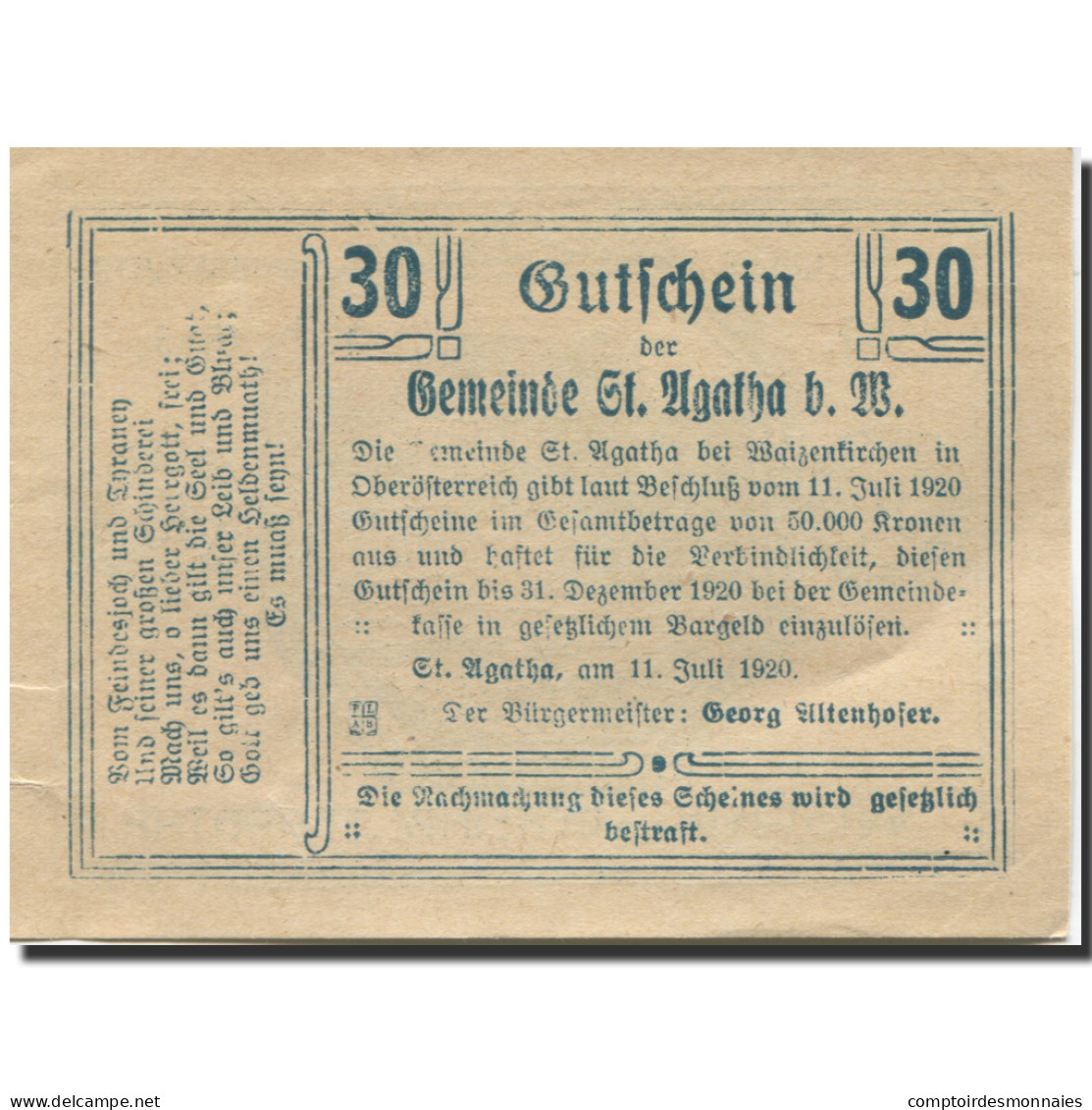 Billet, Autriche, St Agatha, 30 Heller, Chalet 1920-12-31, SPL, Mehl:FS 877I - Autriche
