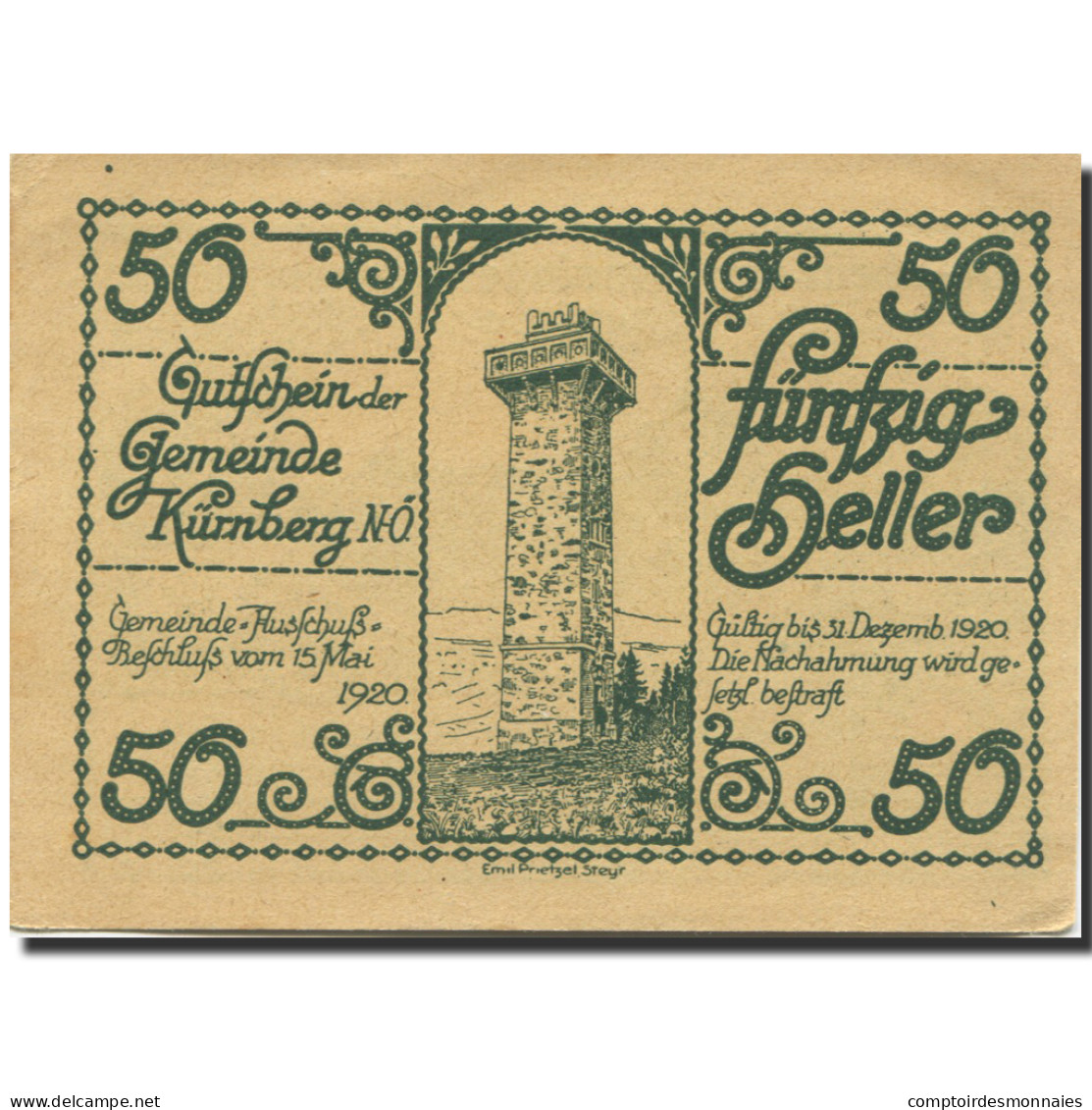 Billet, Autriche, Kürnberg, 50 Heller, Paysage 1920-12-31, SPL Mehl:FS 490a - Autriche