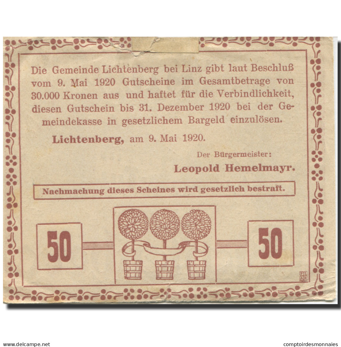 Billet, Autriche, Lichtenberg, 50 Heller, Ferme 1920-12-31, TTB, Mehl:FS 518c - Autriche