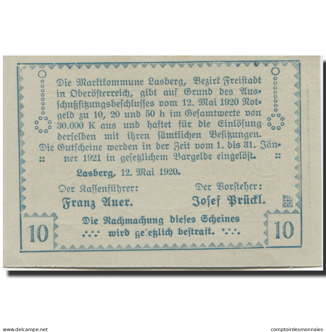 Billet, Autriche, Lasberg, 10 Heller, Paysage 1920-05-12, SPL, Mehl:FS 505a - Autriche