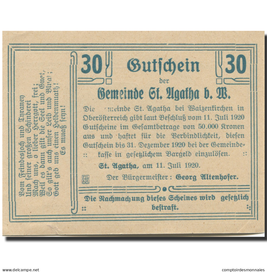 Billet, Autriche, St Agatha, 30 Heller, Chalet 1, 1920-12-31, SPL, Mehl:FS 877 - Autriche
