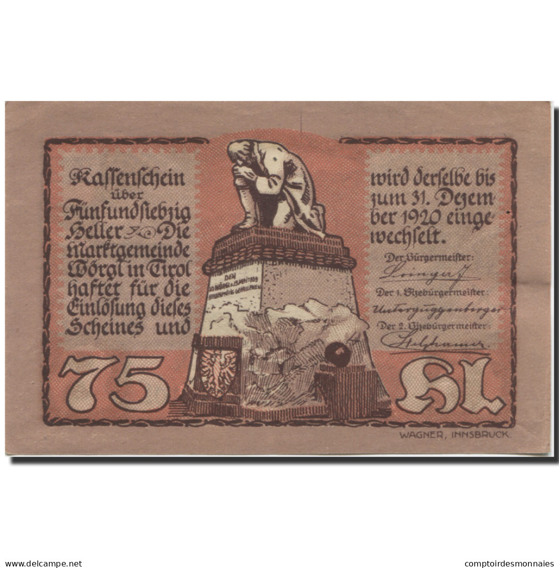 Billet, Autriche, Worgl, 75 Heller, Statue, 1920, 1920-12-31, SPL, Mehl:FS 1252a - Autriche