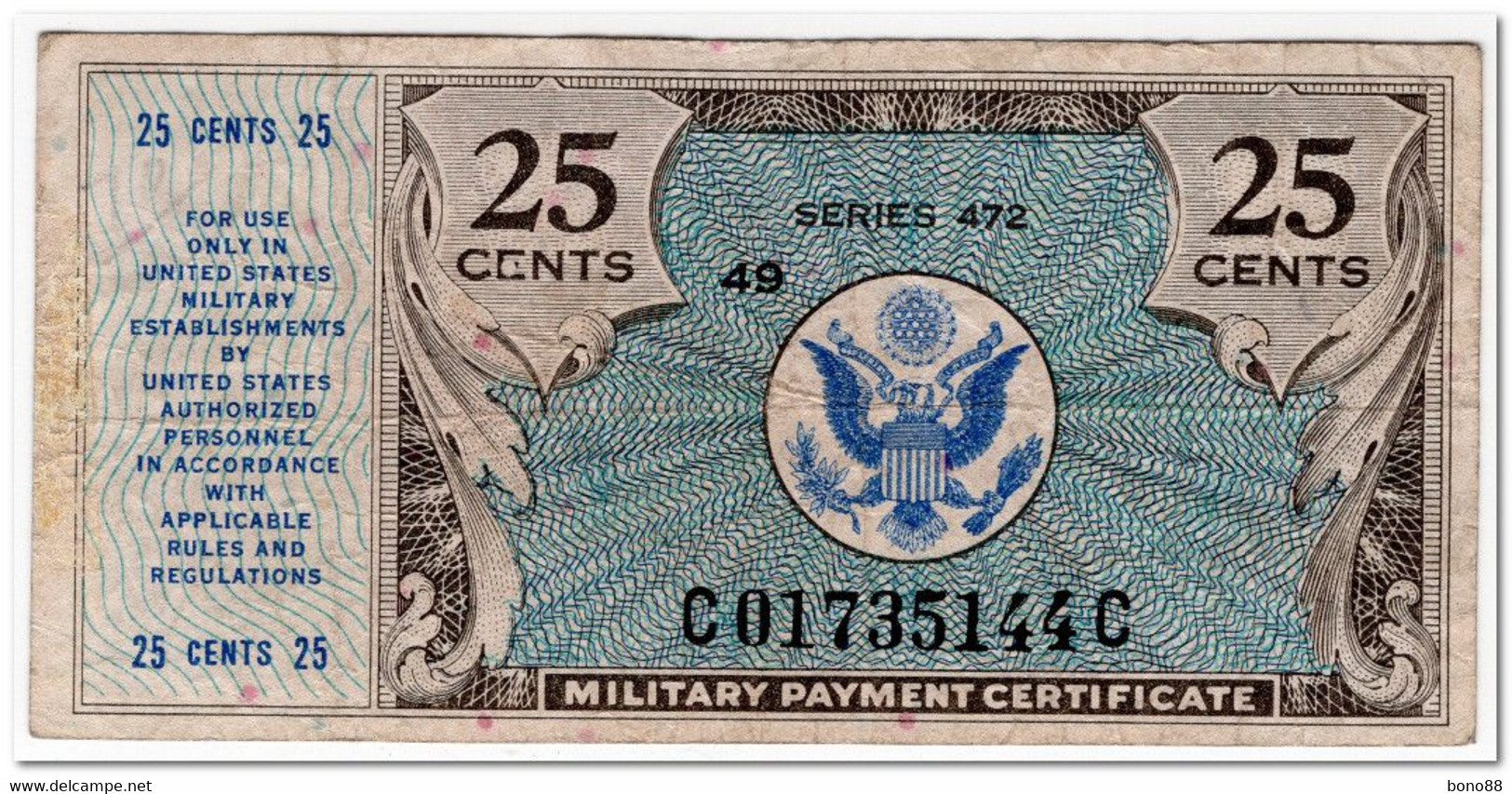 UNITED STATES,MILITARY PAYMENT CERTIFICATE,25 CENTS,1948,P.M17,aF - 1948-1951 - Serie 472