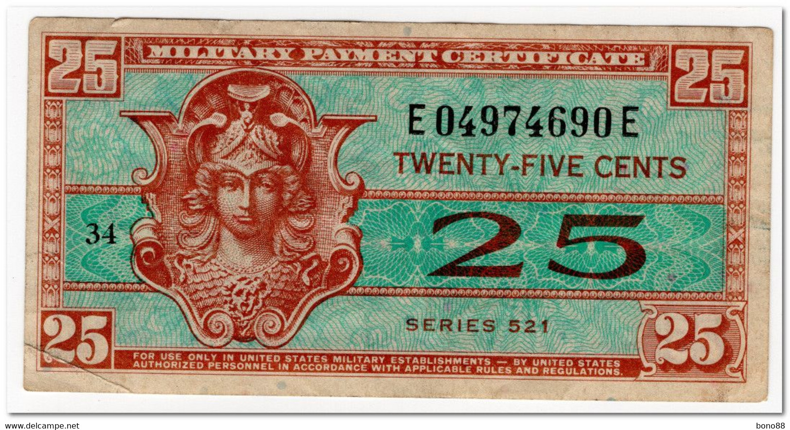 UNITED STATES,MILITARY PAYMENT CERTIFICATE,25 CENTS,1954,P.M31,VF-XF - 1954-1958 - Serie 521