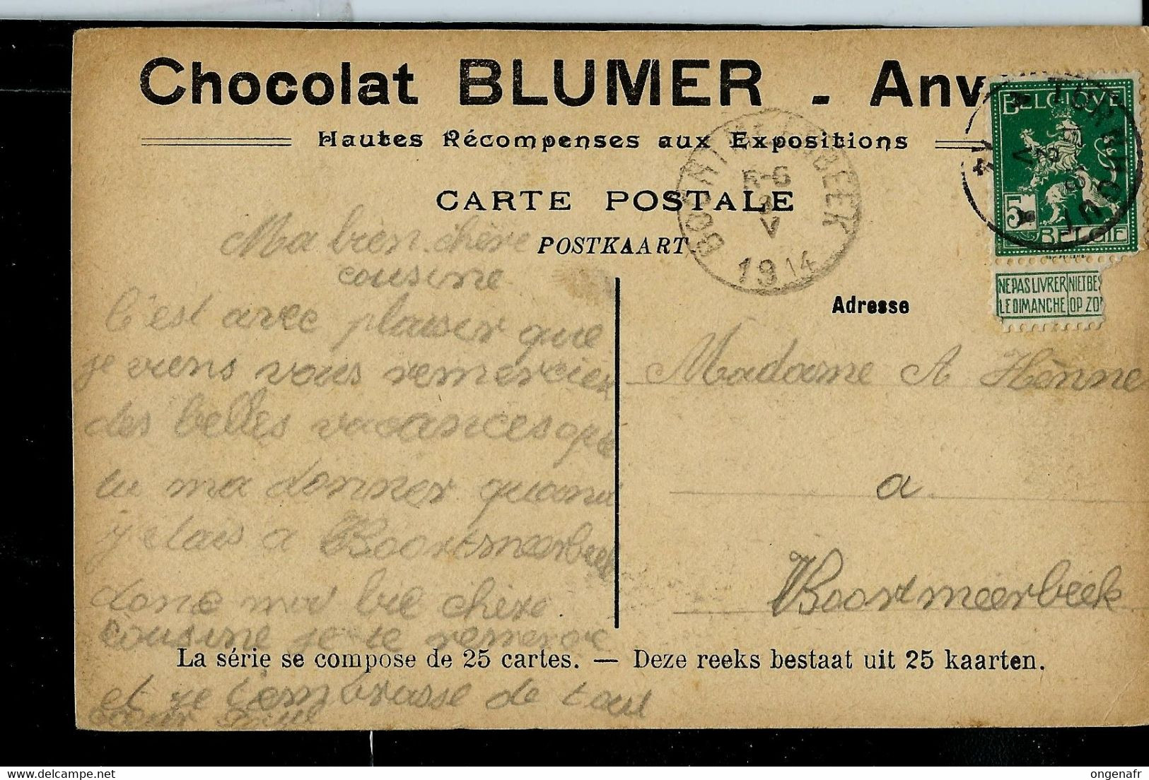 Carte Firme (Chocolat Blumer- Anvers) Obl. TORHOUT - A  A - Du 02/05/1914 - Rural Post