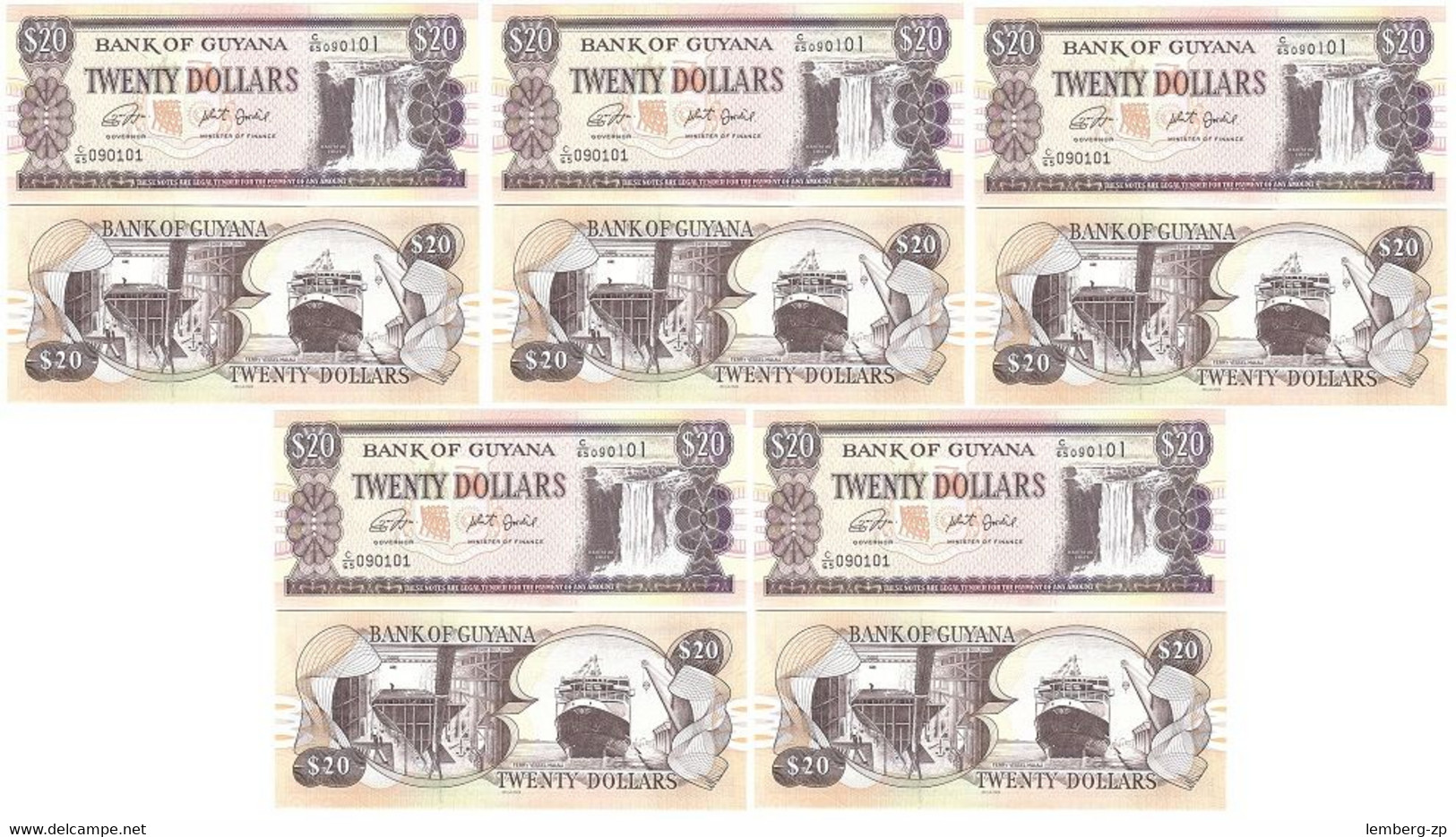 Guyana - 5 Pcs X 20 Dollars 2020 UNC P. 30 Signatures: Dr. Bobind Ganga And Winston Jordan Lemberg-Zp - Guyana