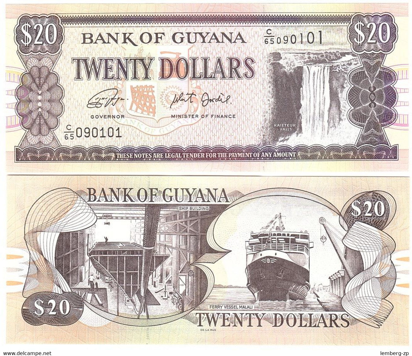 Guyana - 20 Dollars 2019 UNC P. 30g Signatures: Dr. Bobind Ganga And Winston Jordan Lemberg-Zp - Guyana