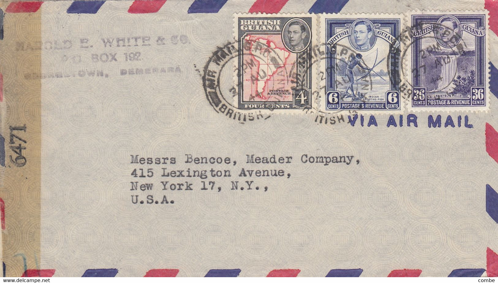 COVER. BRITISH GUIANA. 28 8 44. GEORGESTOWN TO NEW-YORK. CENSOR             / 2 - British Guiana (...-1966)