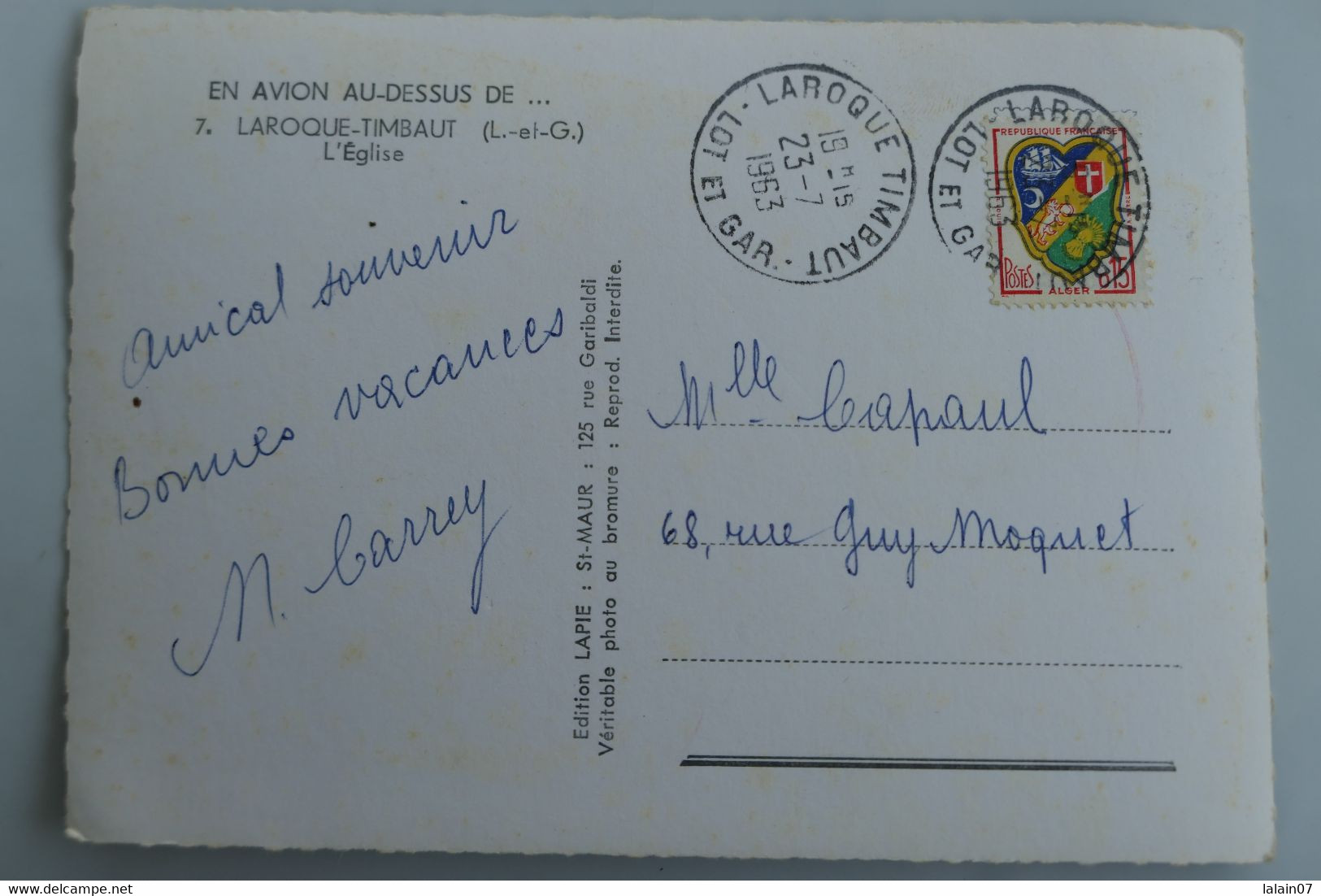 Carte Postale : 47 En Avion Au-dessus De LAROQUE TIMBAUT : L'Eglise, Timbre En 1963 - Laroque Timbault