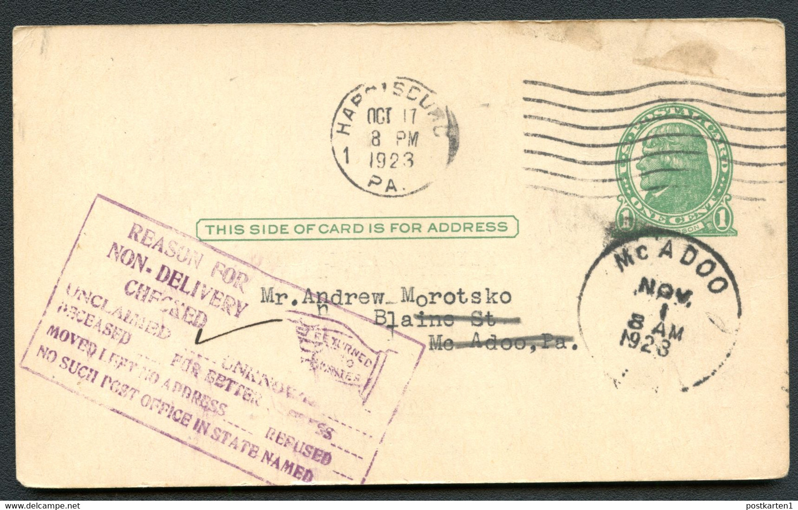 UX27 UPSS S37B Postal Card Harrisburg - McAdoo PA 1923 UNCLAIMED Cat. $11.00+ - 1921-40