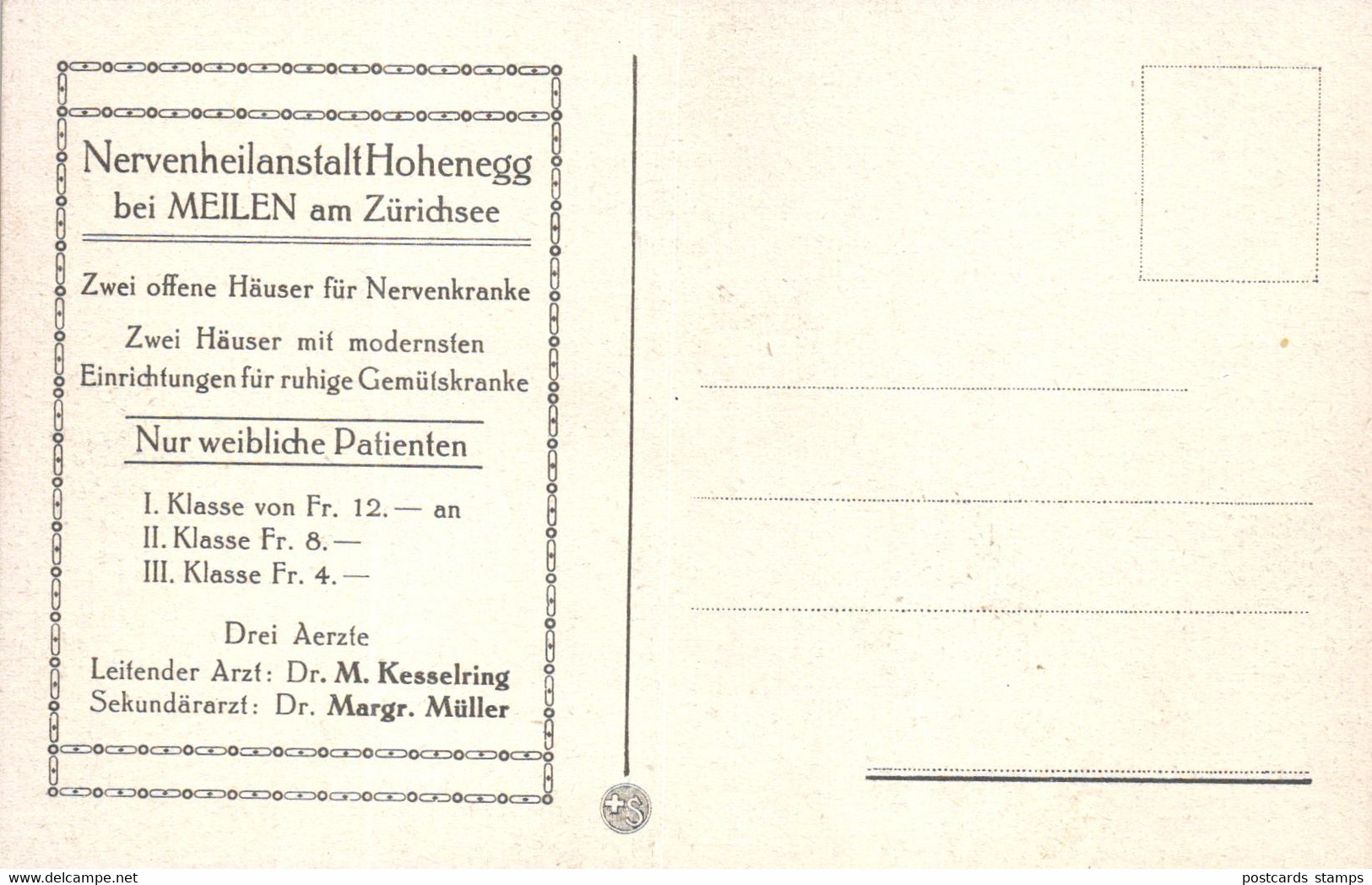 Hohenegg Bei Meilen, Rückseitiger Eindruck Der Nervenheilanstalt Hohenegg, Um 1910/20 - Meilen