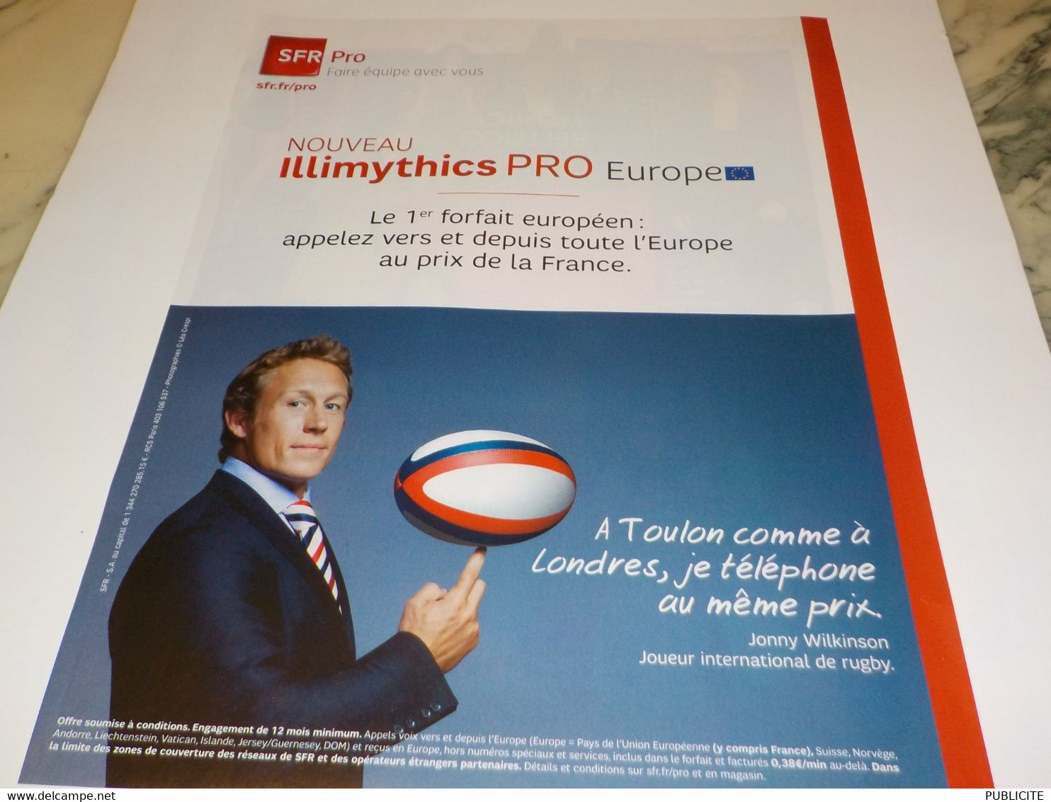 ANCIENNE PUBLICITE JONNY WILKINSON ET SFR PRO  2010 - Rugby