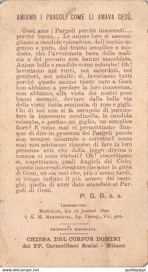 012879 "GESU' E L'INNOCENZA - CHIESA CORPUS DOMINI P.P. CARMELITANI SCALZI - MILANO - 1899" SANTINO CROMO - Santini