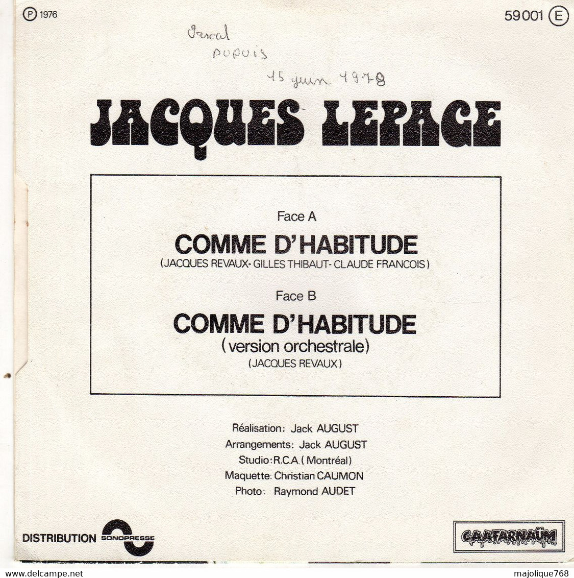 Disque De Jacques Lepage - Comme D'habitude ( D.J. Version) -  Caafarnaüm 59001 - France 1976 - Soul - R&B