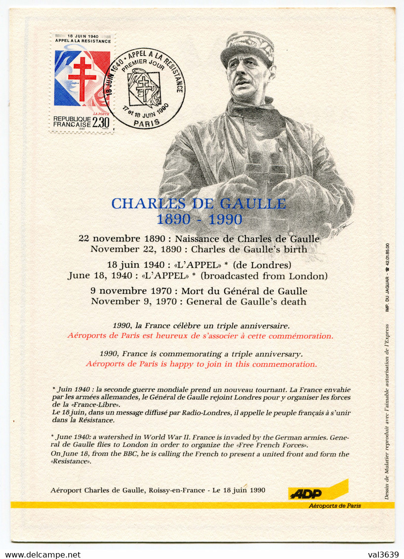 Général De Gaulle - Publicité Aéroport De Paris FDC YT 2656 Commémoration Du Cinquantenaire Appel Du 18 Juin 1940 - 1990-1999