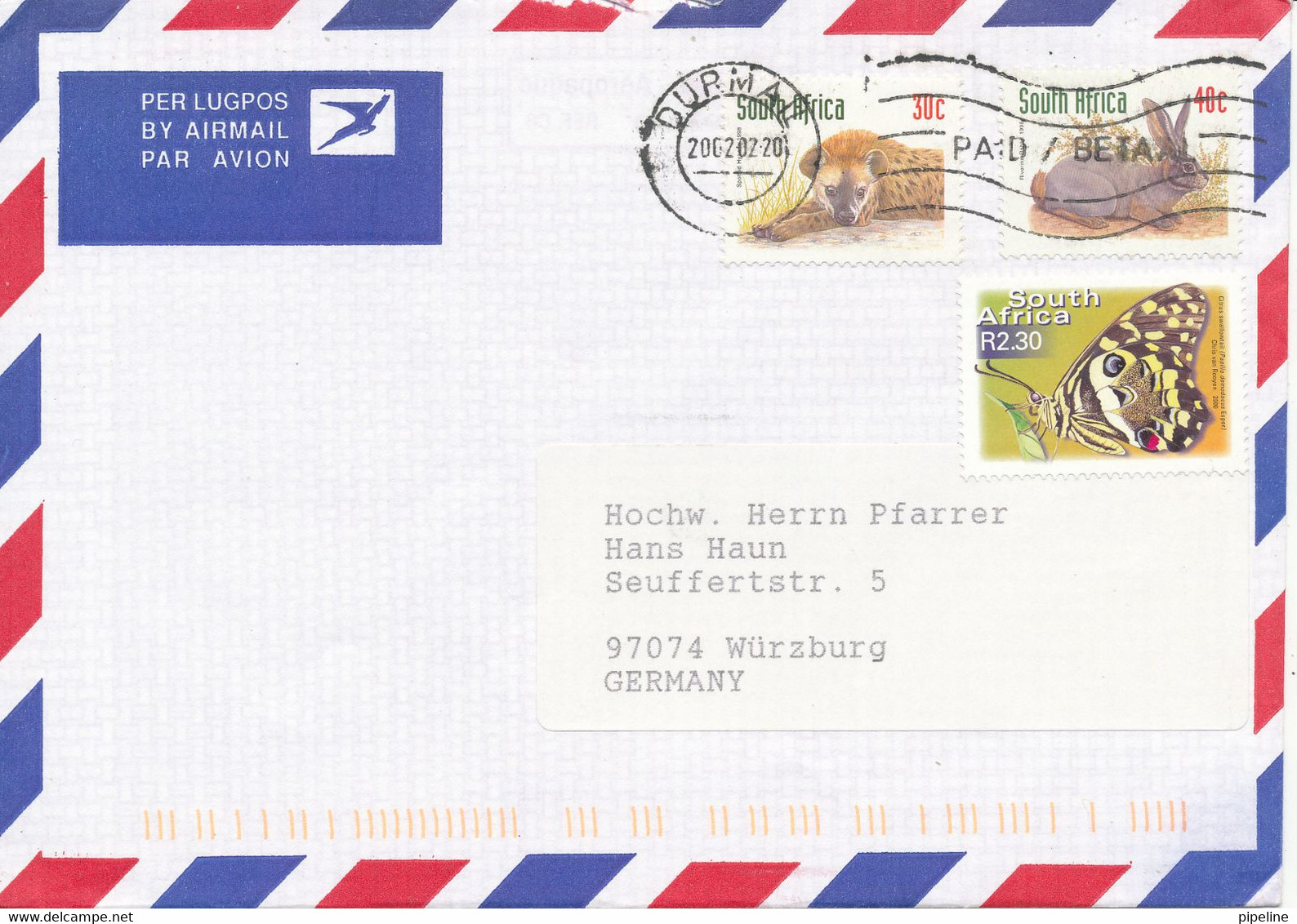 South Africa Air Mail Cover Sent To Germany Durmail 2-2-2002 - Posta Aerea