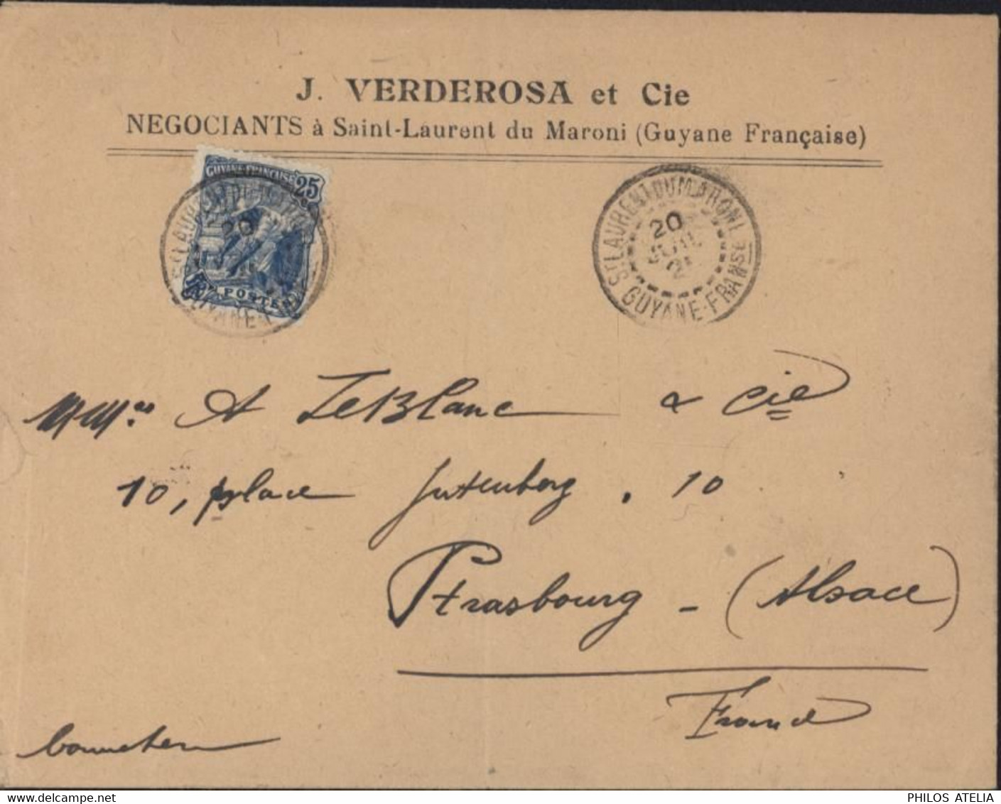 J Verderosa Négociants St Laurent Du Maroni YT Guyane Française 56 Laveur D'or 25c Bleu CAD St Laurent Du M 20 JUIL 21 - Lettres & Documents