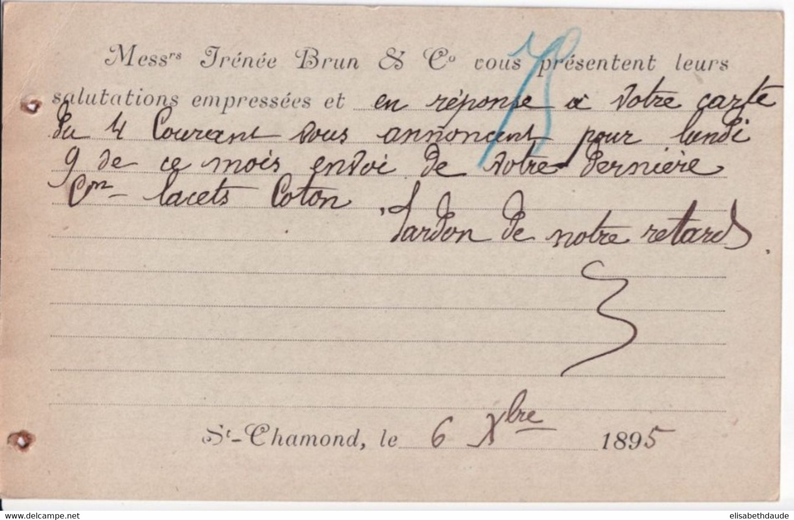 1895 - TYPE SAGE - CARTE ENTIER 10c Avec REPIQUAGE "IRENEE BRUN & Co" De ST CHAMOND (LOIRE) - Postales  Transplantadas (antes 1995)