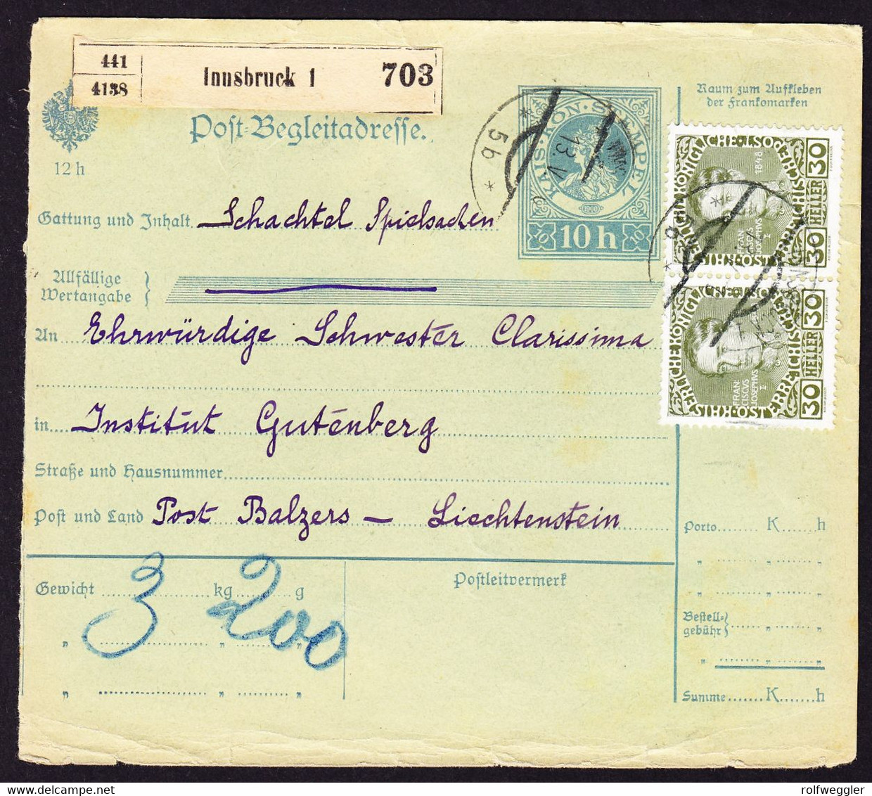 1910 Oesterreichische Begleitadresse Für Spielsachen Aus Innsbruck Nach Balzers. Ankunftsstempel Auf Portomarke 4 Heller - Impuesto