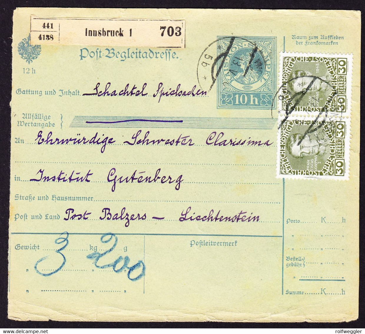 1910 Oesterreichische Begleitadresse Für Spielsachen Aus Innsbruck Nach Balzers. Ankunftsstempel Auf Portomarke 4 Heller - Postage Due