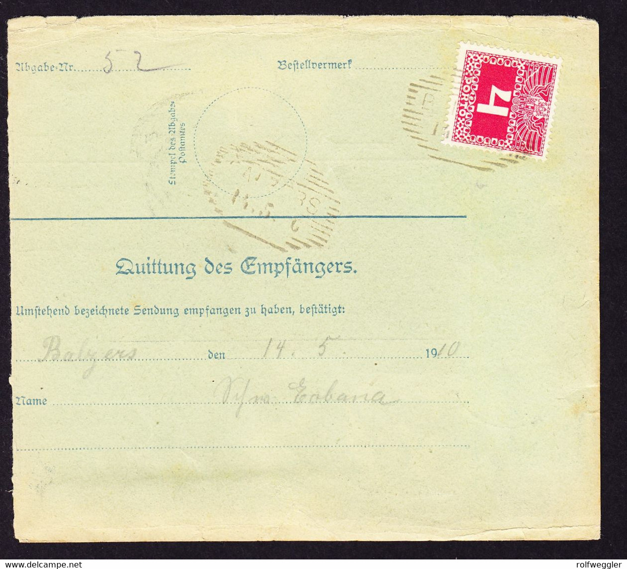 1910 Oesterreichische Begleitadresse Für Spielsachen Aus Innsbruck Nach Balzers. Ankunftsstempel Auf Portomarke 4 Heller - Postage Due