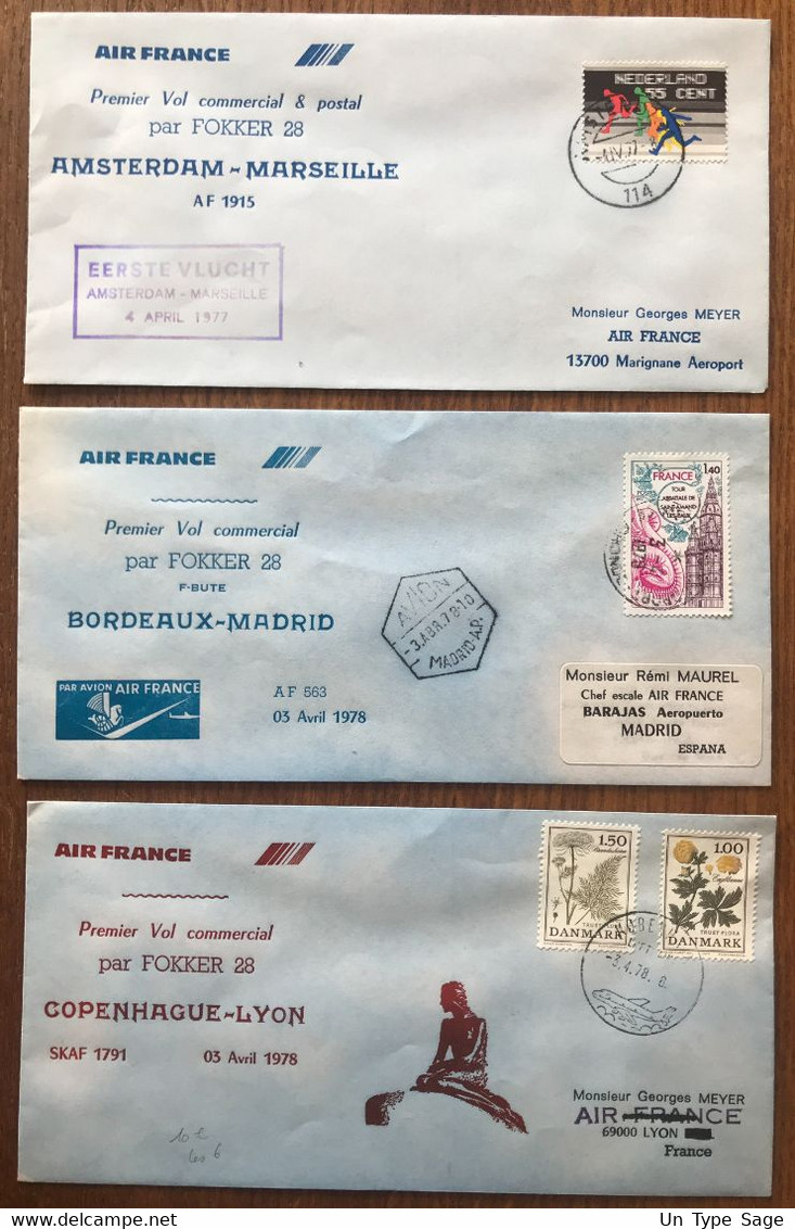 Air France - Lot De 6 Enveloppes Premier Vol Commercial Par Fokker 28 (1977-1978) - (B2001) - 1960-.... Briefe & Dokumente