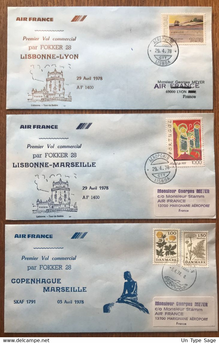Air France - Lot De 6 Enveloppes Premier Vol Commercial Par Fokker 28 (1977-1978) - (B2001) - 1960-.... Brieven & Documenten