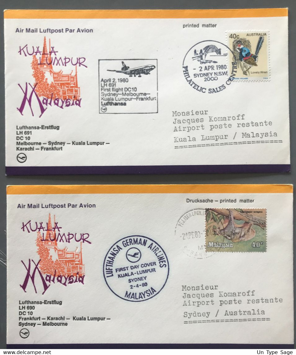 Lot De 2 Enveloppes Premier Vol Par DC-10 (1980) Maysia-Australia - (B2020) - 1960-.... Lettres & Documents