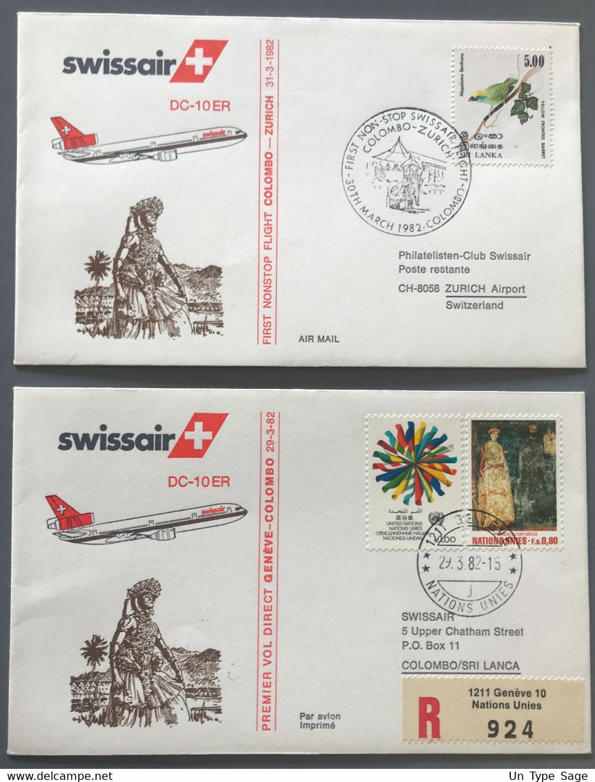 Swissair - Lot De 2 Enveloppes Premier Vol Par DC-10 ER (1982) Zurich-Colombo - (B2023) - Storia Postale