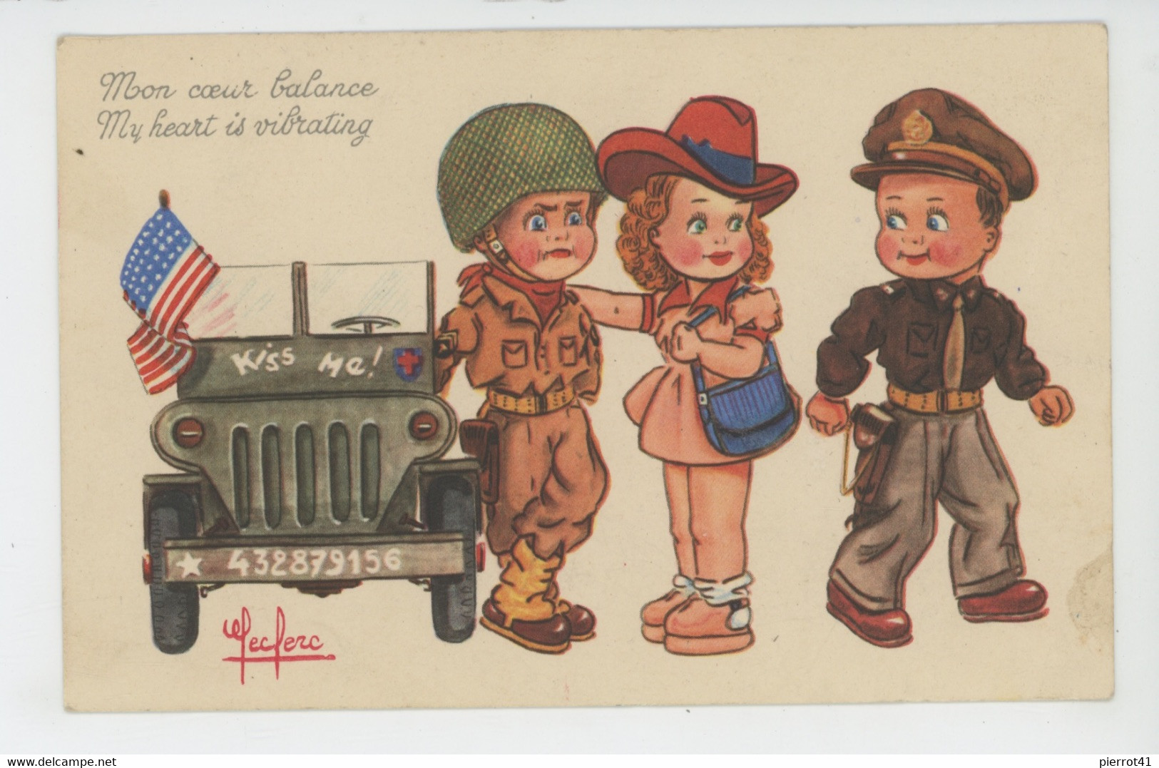 Illustrateur ENFANTS - LECLERC - Jolie Carte Fantaisie Fillettes Avec Soldat Américain Et Jeep "Mon Coeur Balance  " - Leclerc
