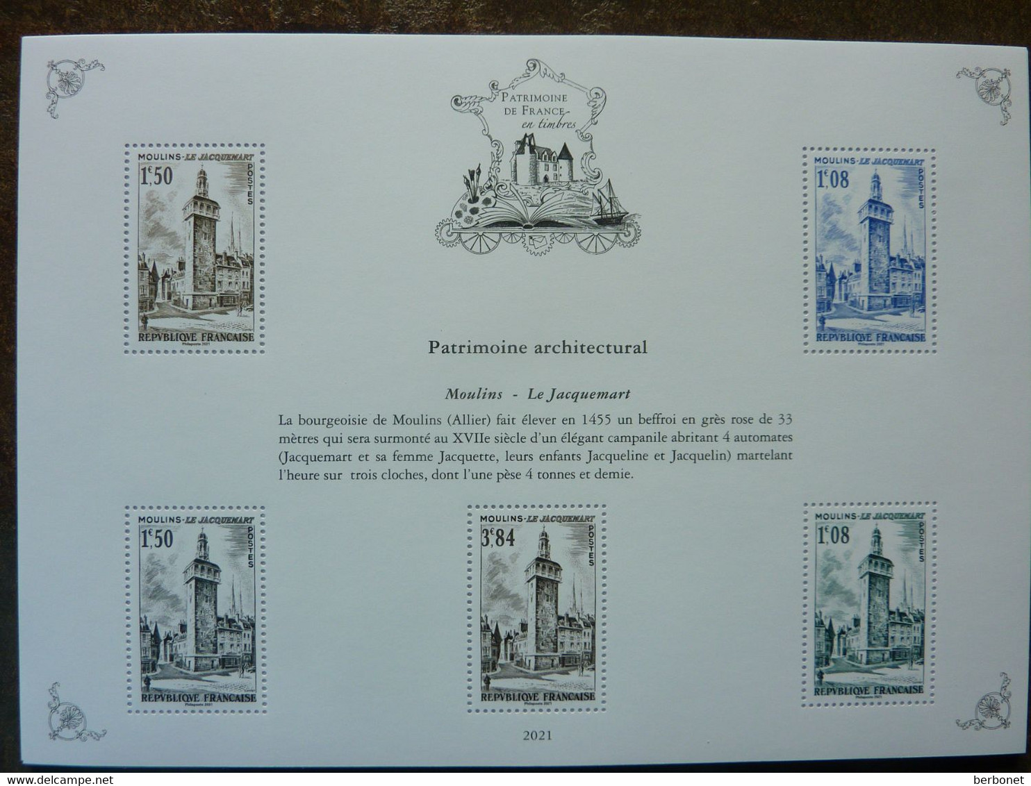 2021  Patrimoine De La France Bloc-feuillet Seul MOULINS  Le Jacquemart   ** MNH - Mint/Hinged