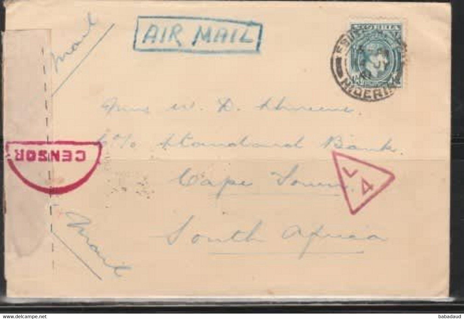 Nigeria, Air Mail 1s3d EBUTI.... 4 JY 41   > S.Africa,  OPENED BY CENSOR 19 NIGERIA Labe,l LAGOS Transit - Nigeria (...-1960)