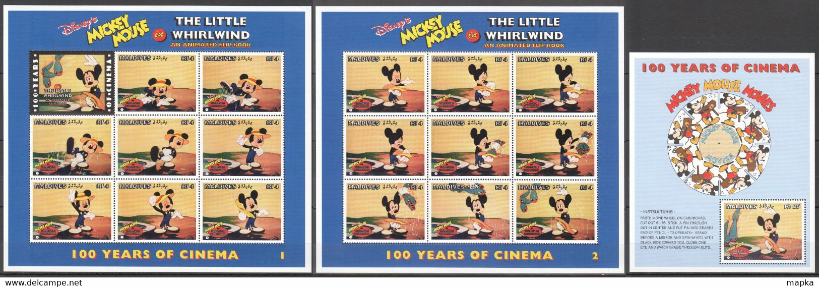 ZZ1017 MALDIVES CARTOONS WALT DISNEY MICKEY MOUSE 100 YEARS OF CINEMA WHIRLWIND 2KB+1BL MNH - Disney