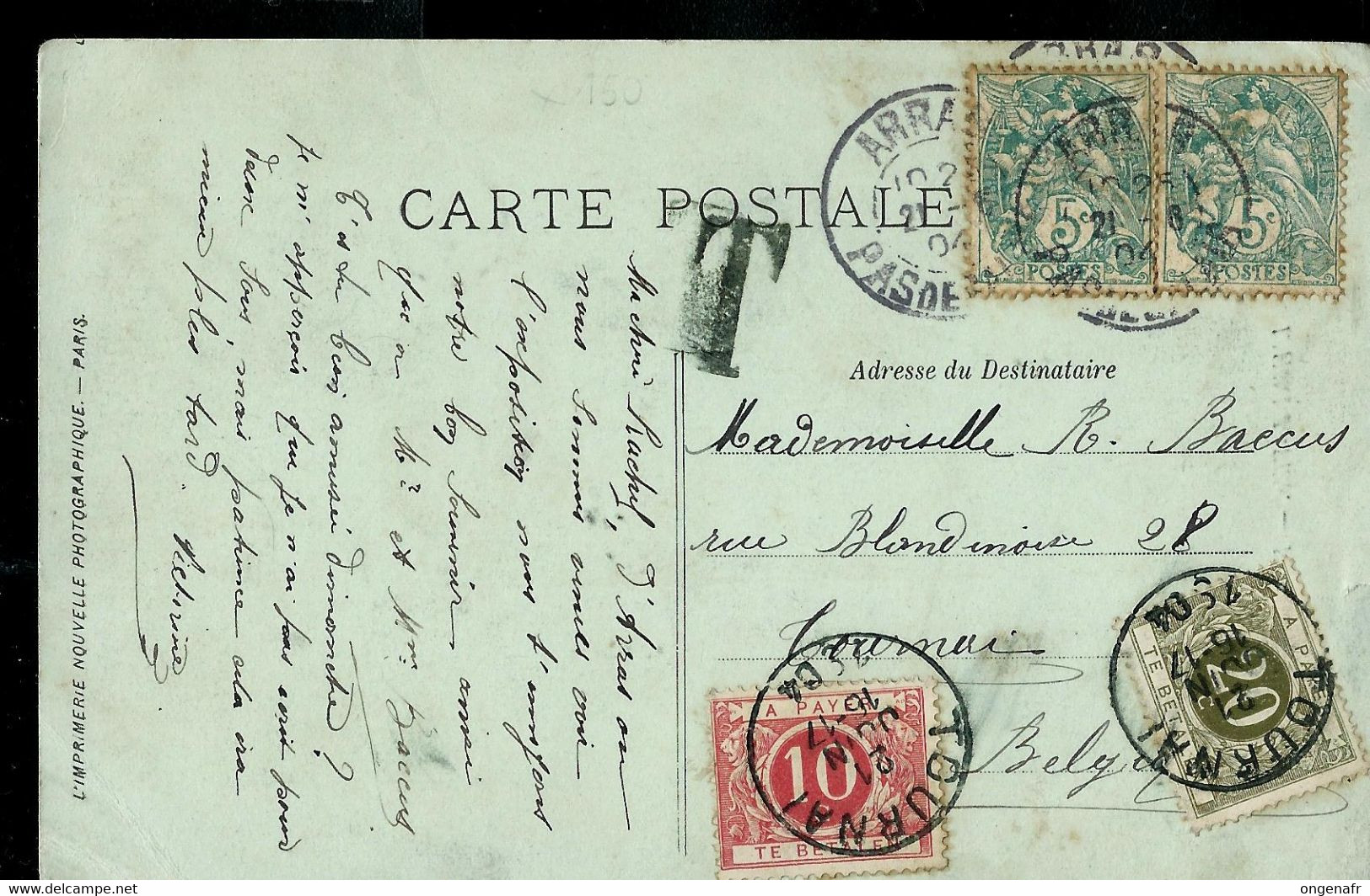 CP ( FRance)  Obl. ARRAS  Et Taxé à TOURNAI 1904 (30 Cents) - Altri & Non Classificati