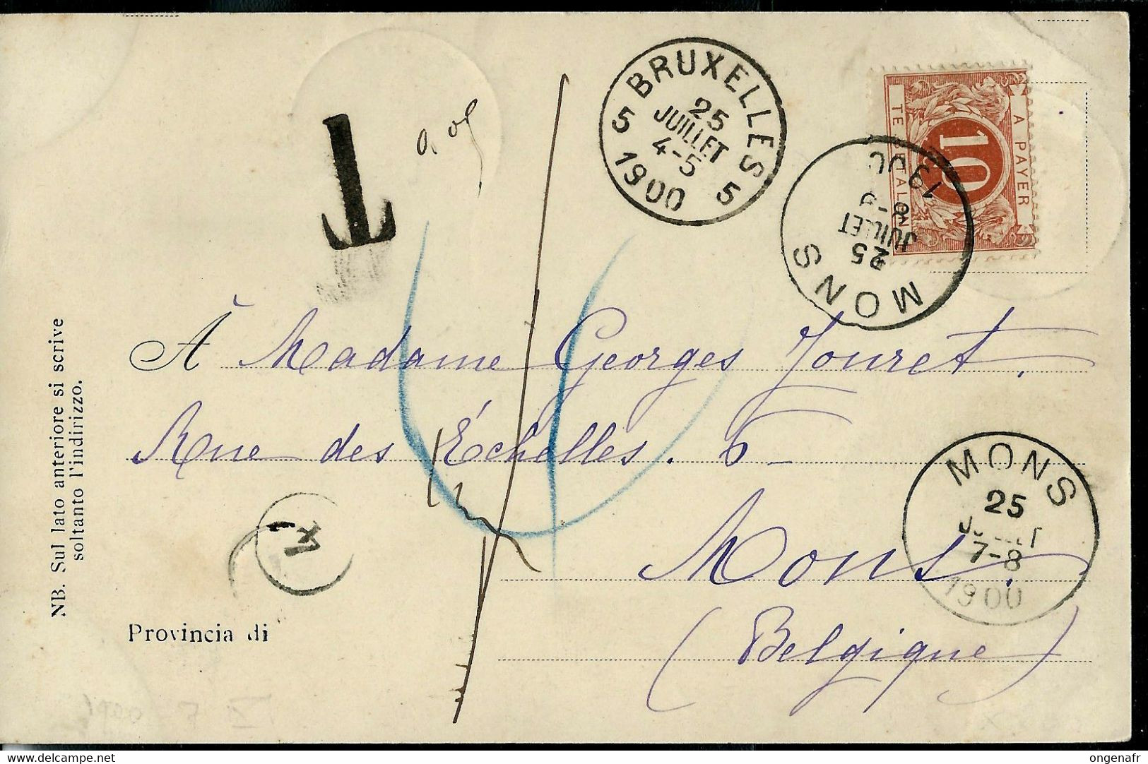 Carte D'Italie Taxé à MONS  25/07/1900 (10 Cents) - Otros & Sin Clasificación