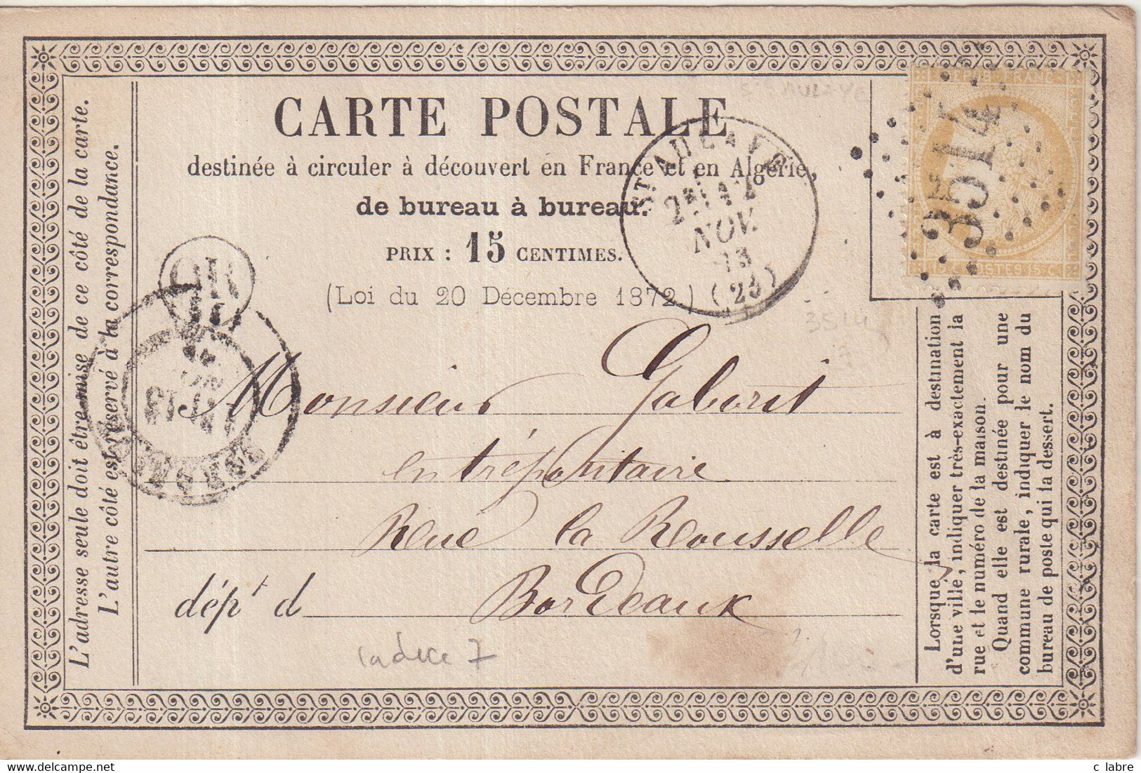 FRANCE : CP PRECURSEUR . GC 3514. " ST AULAYE " . (23) . N° 59 . 1873 . DATEE DE CHENAUD . - 1849-1876: Periodo Clásico