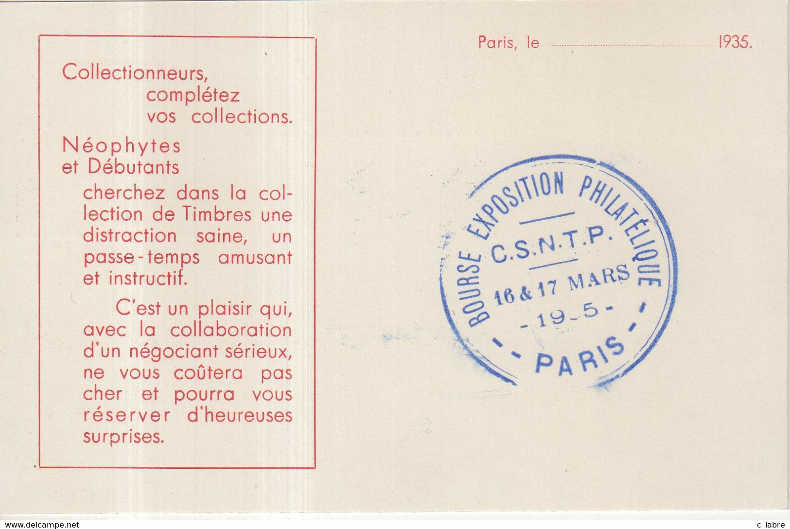 FRANCE : CP . PORTE TIMBRE . TYPE SEMEUSE . " EXPO DE LA CSNTP PARIS "  .1935 . - Philatelic Fairs