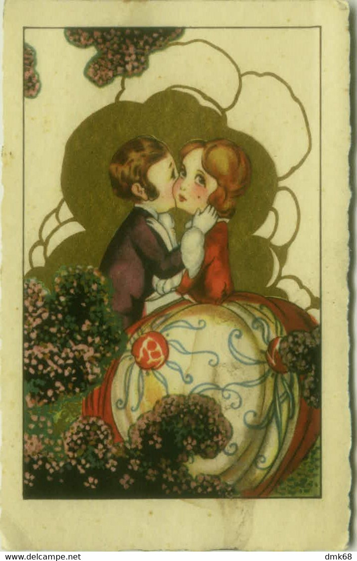 CASTELLI SIGNED 1920s POSTCARD -  KIDS KISSING & FLOWERS - SERIE BIRI N.201 (BG1962) - Castelli