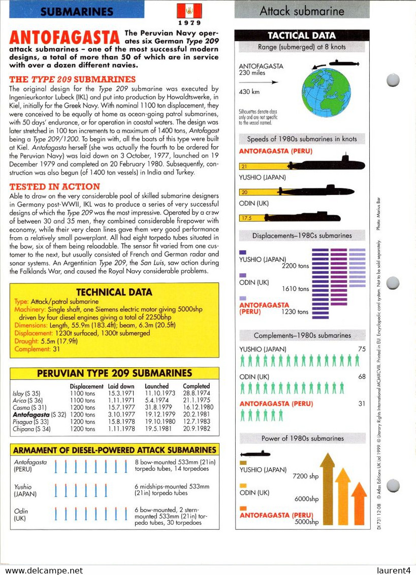 (25 X 19 Cm) (10-9-2021) - U - Photo And Info Sheet On Warship - Peru Navy - Submarine Antofagasta - Bateaux